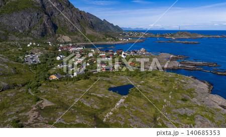 Lofoten Islands Panorama Norway Coastal Village Mountain Landscape 140685353
