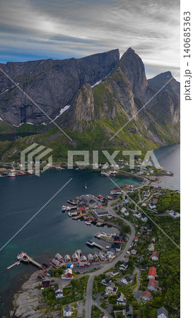 Lofoten Islands Panorama with Dramatic Peaks and Coastal Village 140685363