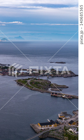Lofoten Islands Panorama with Coastal Village and Mountain Backdrop Lofoten Islands Panorama with Coastal Village and Mountain Backdrop 140685365