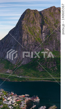 Dramatic Lofoten Islands Mountain Landscape with Coastal Village Norway 140685367