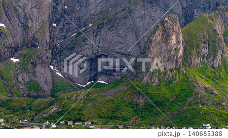 Dramatic Mountain Valley with Waterfall in Lofoten Norway Dramatic Mountain Valley with Waterfall in Lofoten Norway 140685388
