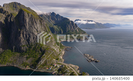 Dramatic Lofoten Islands Coastal Panorama with Steep Mountain Cliffs Dramatic Lofoten Islands Coastal Panorama with Steep Mountain Cliffs 140685400