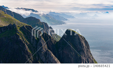 Dramatic Lofoten Islands Panorama with Steep Cliffs and Arctic Ocean Dramatic Lofoten Islands Panorama with Steep Cliffs and Arctic Ocean 140685421