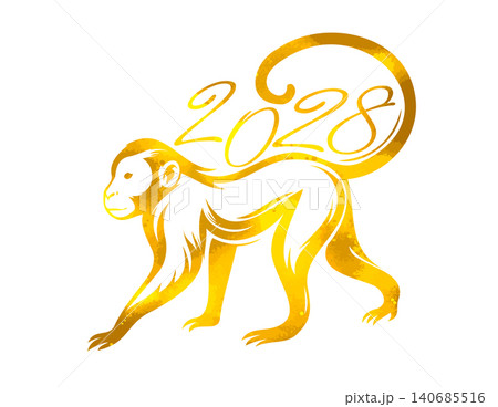 Happy New year of the golden monkey 2028 greeting card for the Year of the monkey according to the Chinese calendar. Hand drawn. Not AI, vector illustration 140685516
