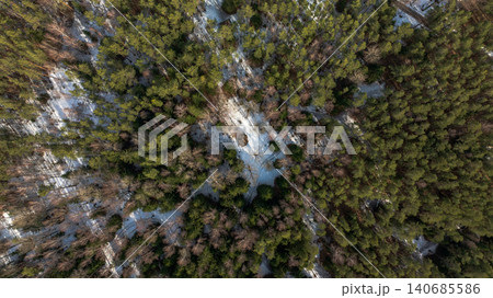 Aerial View of Snow Covered Forest with Evergreen and Deciduous Trees Aerial View of Snow Covered Forest with Evergreen and Deciduous Trees 140685586