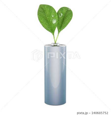 Eco battery with green leaves and water drops. Clean energy, battery recycling and sustainable power, concept. 3d rendering 140685752
