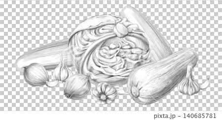 Cabbage, zucchini, onions, and garlic. This isolated pencil illustration is perfect for restaurant menus, product labels, cookbooks, healthy lifestyle articles, and healthy eating themed articles. 140685781