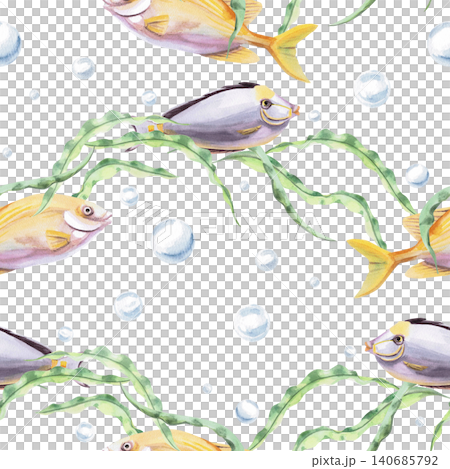 A seamless pattern with fish in wave-shaped seaweed. Perfect for children's products, summer cards, beach decor, websites, textiles, packaging, and interior design. 140685792