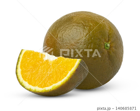 Chocolate orange citrus fruit and slice of chocolate orange isolated. Chocolate orange citrus fruit and slice of chocolate orange isolated. 140685871