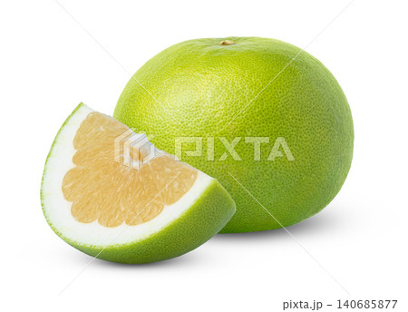 Whole grapefruit citrus sweetie or pomelo, pomellit or oroblanco fruit and cut in a slice of sweetie grapefruit isolated on white background. 140685877