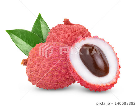 Isolate lychee and half of lychee with green leaves. Two lychees fruits and cut in half of lychee isolated 140685882