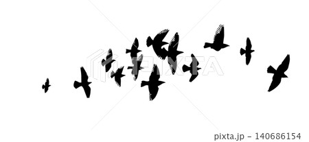 Flying birds silhouette flock. hand drawing. Not AI. Vector illustration 140686154