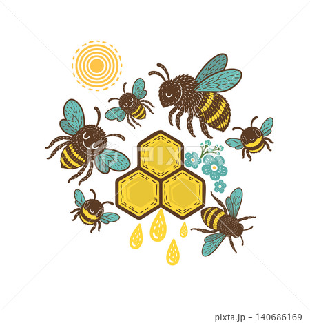 Abstract cute bees, honeycombs and the sun. Hand drawn. Not AI, vector illustration. Abstract cute bees, honeycombs and the sun. Hand drawn. Not AI, vector illustration. 140686169