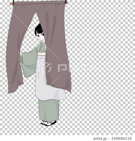 A woman in a kimono guides customers from behind a curtain; a Japanese-style cafe image. A woman in a kimono guides customers from behind a curtain; a Japanese-style cafe image. 140686218