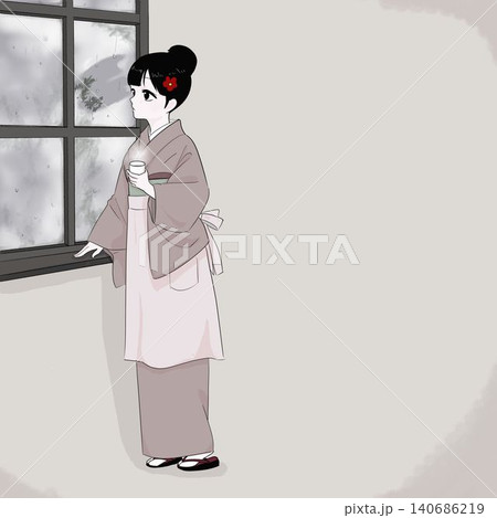 雨を眺めながら休憩する着物女性　和カフェのひととき 140686219