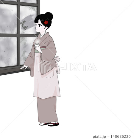 雨を眺めながら休憩する着物女性　和カフェのひととき 140686220