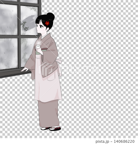 雨を眺めながら休憩する着物女性　和カフェのひととき 140686220