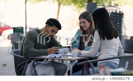Students studying together outdoors on campus terrace Students studying together outdoors on campus terrace 140686278