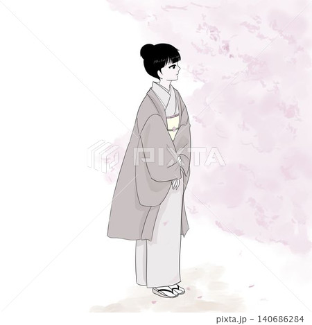 桜を眺める着物女性 横顔 春イメージ 桜を眺める着物女性 横顔 春イメージ 140686284