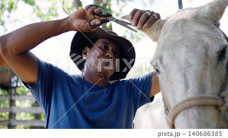 Latino stableman grooming white horse outdoors Latino stableman grooming white horse outdoors 140686385