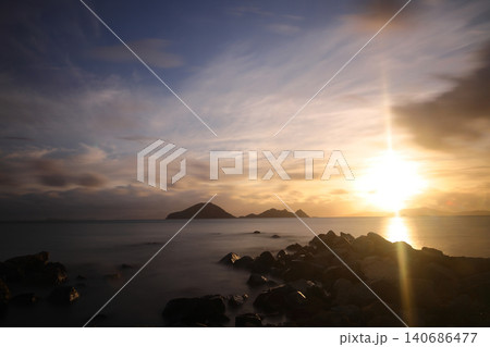 sunset on the beach. Seaside town of Turgutreis and spectacular sunsets. Long Exposure. 140686477