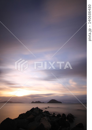 sunset on the beach. Seaside town of Turgutreis and spectacular sunsets. Long Exposure. sunset on the beach. Seaside town of Turgutreis and spectacular sunsets. Long Exposure. 140686480