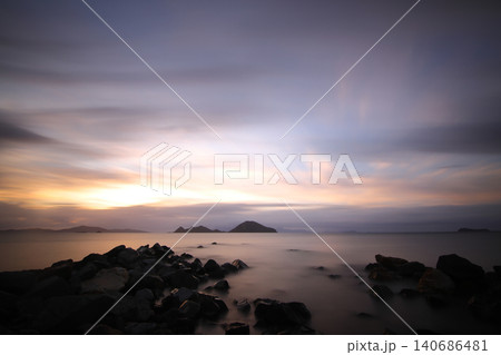 sunset on the beach. Seaside town of Turgutreis and spectacular sunsets. Long Exposure. 140686481