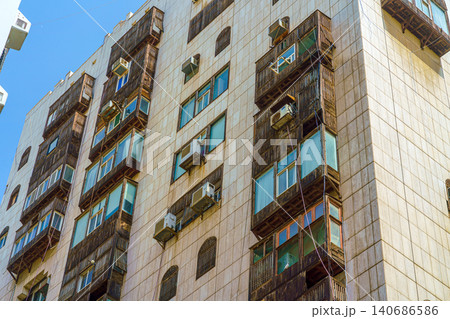 Jeddah, Saudi Arabia, bottom up, panoramic view of Arabian apartment house with mashrabiya on it, at daytime in old town of Jeddah 140686586