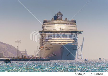 Aqaba, Jordan - Mar 13 2023, a panoramic view of MSC Splendida cruise ship in the marina, at daytime, Aqaba, Jordan 140686818
