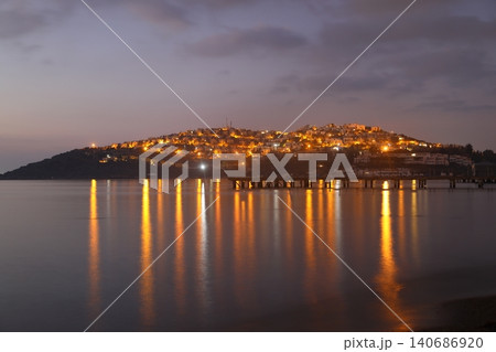 Night view to the bay and the cityscape of Turgutreis, Bodrum, Turkey 140686920