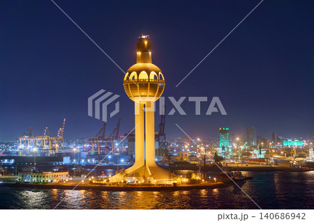Jeddah, Saudi Arabia - Mar 15 2023, panoramic aerial view of the port and lighthouse of Jeddah, Saudi Arabia Jeddah, Saudi Arabia - Mar 15 2023, panoramic aerial view of the port and lighthouse of Jeddah, Saudi Arabia 140686942