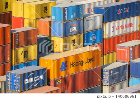 Ain Sokhna, Egypt - Mar 18 2023, aerial view, Close-up of many colorful containers, Ain Sokhna, Egypt Ain Sokhna, Egypt - Mar 18 2023, aerial view, Close-up of many colorful containers, Ain Sokhna, Egypt 140686961
