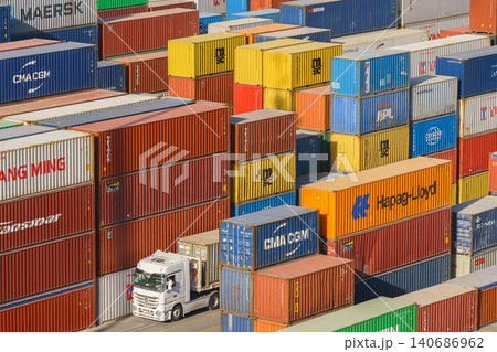 Ain Sokhna, Egypt - Mar 18 2023, aerial view, Close-up of many colorful containers, Ain Sokhna, Egypt 140686962