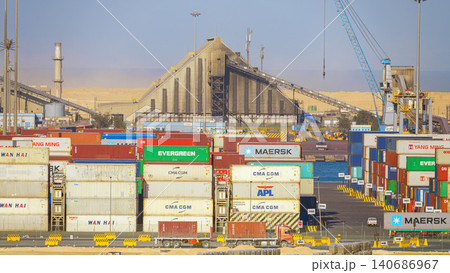 Ain Sokhna, Egypt - Mar 18 2023, Aerial panoramic view of the port with containers, cranes and ships, Ain Sokhna, Egypt Ain Sokhna, Egypt - Mar 18 2023, Aerial panoramic view of the port with containers, cranes and ships, Ain Sokhna, Egypt 140686967