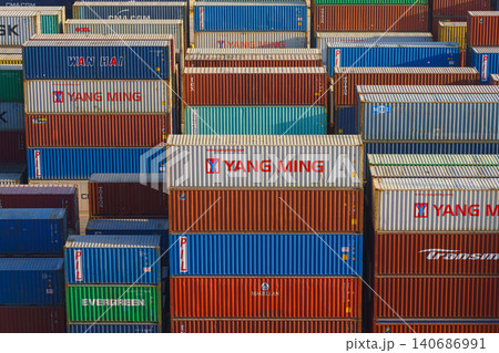 Ain Sokhna, Egypt - Mar 18 2023, aerial view, Close-up of many colorful containers, Ain Sokhna, Egypt 140686991