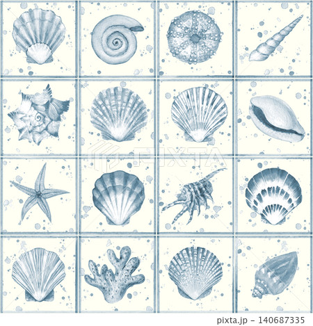 Watercolor sea shell traditional delft tiles seamless pattern 140687335