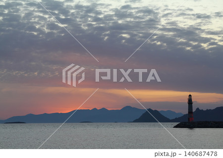 Seascape at sunshine. Lighthouse and sailings on the coast. Seaside town of Turgutreis and spectacular sunshine 140687478