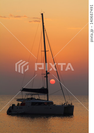 sunset and sailing boat. Turgutreis, Bodrum. sunset and sailing boat. Turgutreis, Bodrum. 140687491