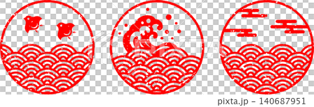 スタンプで押したような和風柄の海のイラストセット スタンプで押したような和風柄の海のイラストセット 140687951
