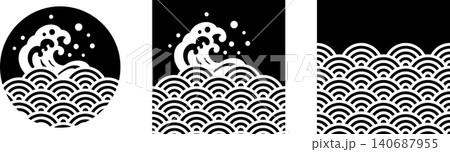 切り絵風の和風柄の海のイラストセット 切り絵風の和風柄の海のイラストセット 140687955