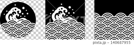 切り絵風の和風柄の海のイラストセット 切り絵風の和風柄の海のイラストセット 140687955