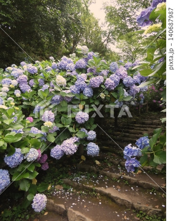 丘の斜面を彩る紫陽花の群生風景 丘の斜面を彩る紫陽花の群生風景 140687987