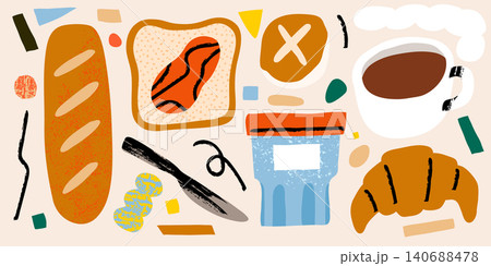 Childlike Pure Artistic Paper Collage Bakery Set Baguette Dinner Roll Bread Jam Illustration Childlike Pure Artistic Paper Collage Bakery Set Baguette Dinner Roll Bread Jam Illustration 140688478