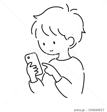 スマホを見ている少年の線画イラスト 140688657