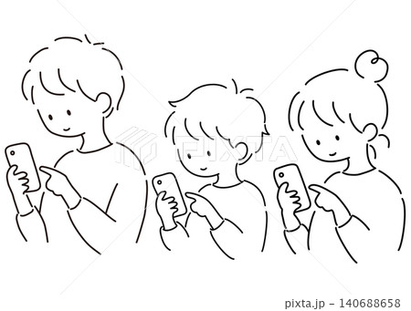 スマホを見ている男性と女性と少年のセットの線画イラスト スマホを見ている男性と女性と少年のセットの線画イラスト 140688658