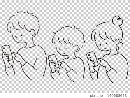 スマホを見ている男性と女性と少年のセットの線画イラスト スマホを見ている男性と女性と少年のセットの線画イラスト 140688658