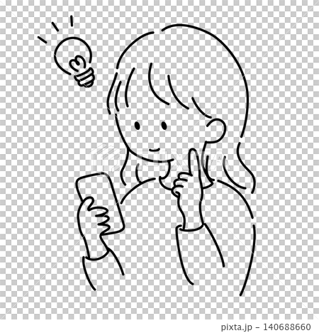 一幅線條畫插圖,描繪了一位女性看著智慧型手機時的情景。 一幅線條畫插圖,描繪了一位女性看著智慧型手機時的情景。 140688660