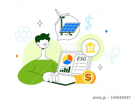 Green Finance and ESG Investing Vector Illustration Featuring Sustainable Investment Strategy, Renewable Energy, Responsible Finance, and ESG Growth 140688897