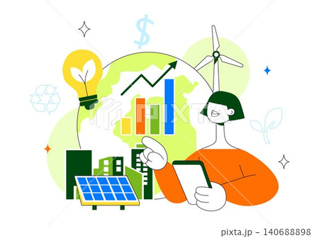 Green Finance and ESG Investing Vector Illustration Featuring Sustainable Investment Strategy, Renewable Energy, Responsible Finance, and ESG Growth 140688898