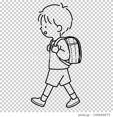 A line drawing illustration of an elementary school boy wearing a school backpack. A line drawing illustration of an elementary school boy wearing a school backpack. 140689075